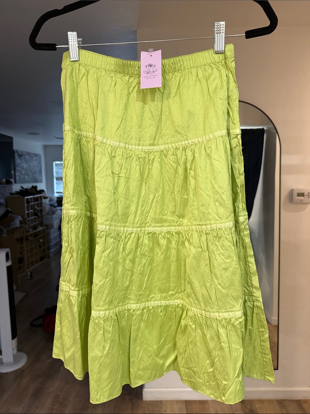 Tiered Lime Green A-Line Midi Skirt